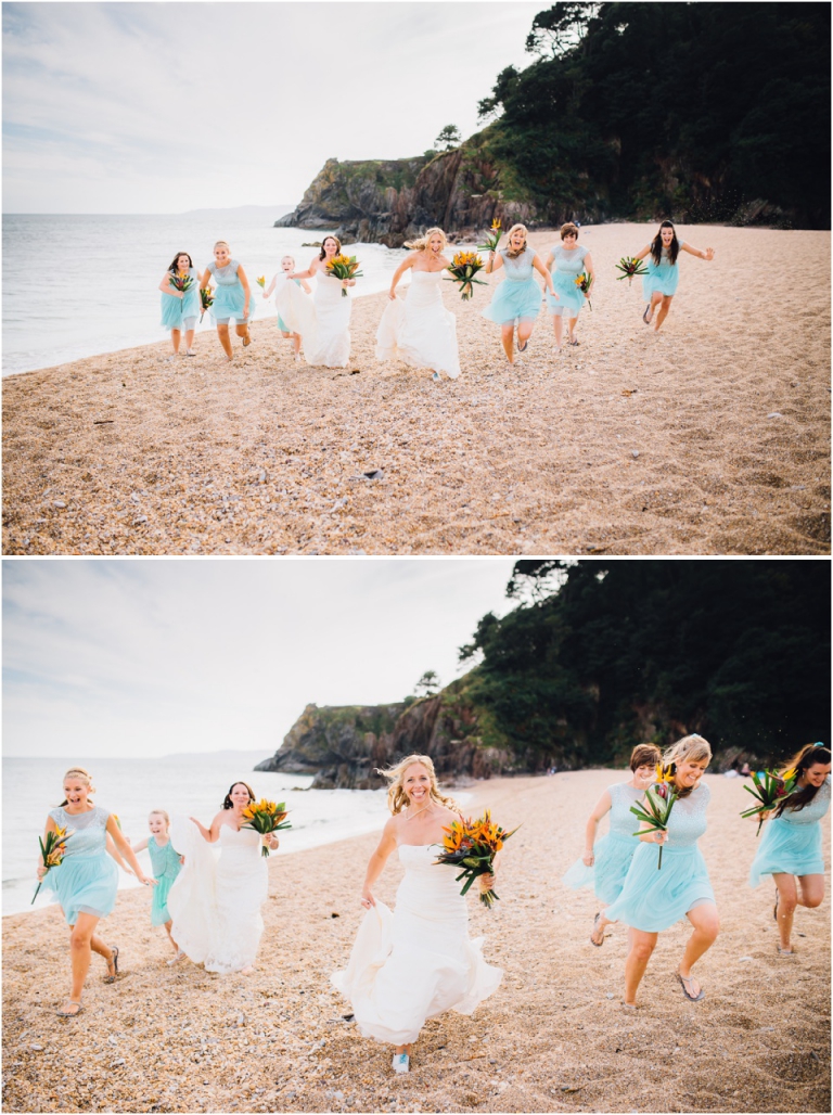 48 Blackpool Sands Dartmouth Wedding Photography Creative Documentary - bridal party running