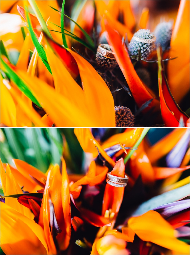 6 Blackpool Sands Dartmouth Wedding Photography Creative Documentary - bride of paradise bouquets with rings on