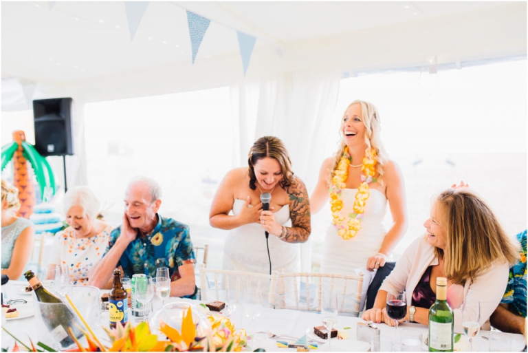72 Blackpool Sands Dartmouth Wedding Photography Creative Documentary - brides laughing doing speech