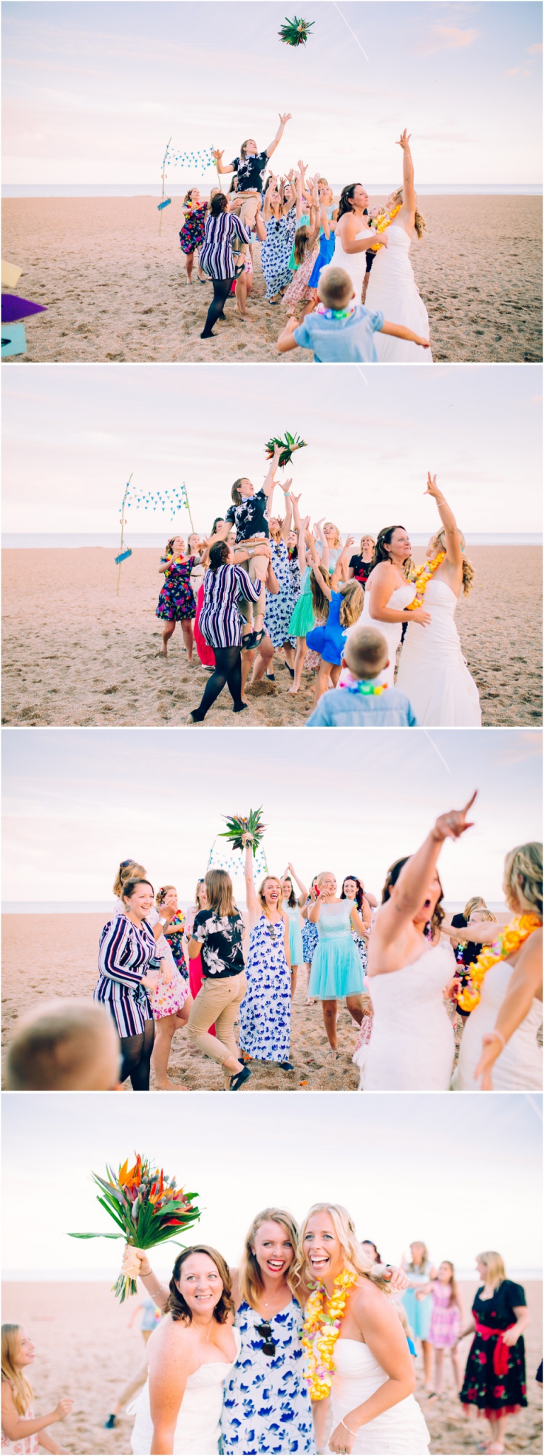 75 Blackpool Sands Dartmouth Wedding Photography Creative Documentary - brides throwing bouquet epic catch