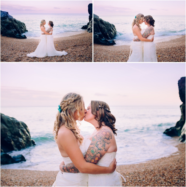 87 Blackpool Sands Dartmouth Wedding Photography Creative Documentary - bride kissing by sea pink sunset