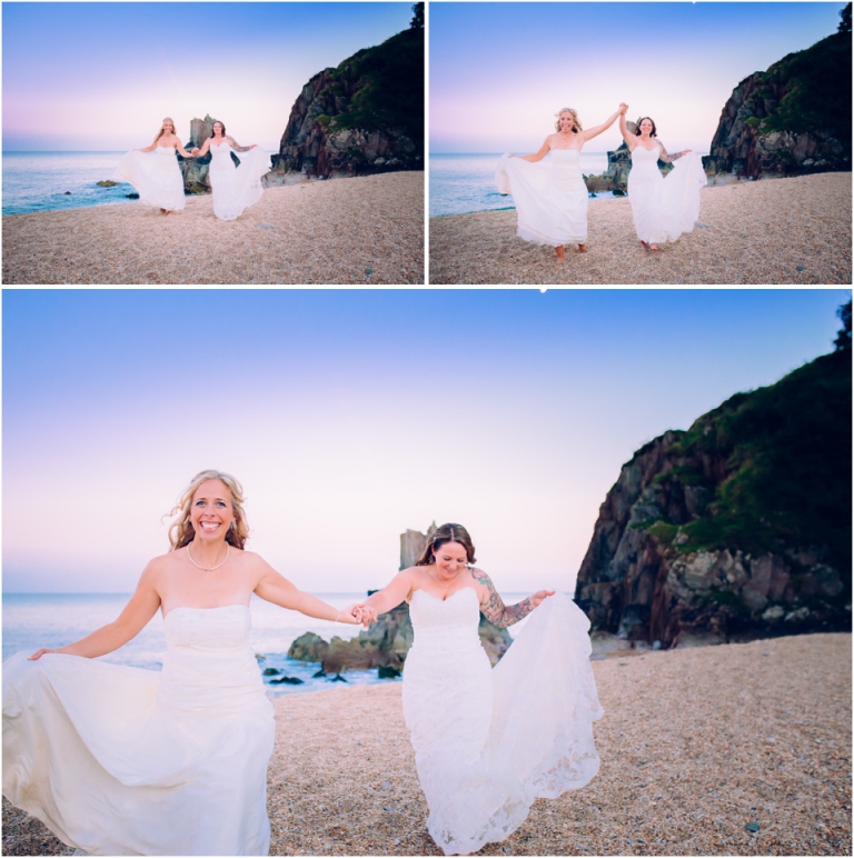 97 Blackpool Sands Dartmouth Wedding Photography Creative Documentary - brides holding hands on beach running
