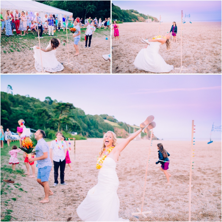 99 Blackpool Sands Dartmouth Wedding Photography Creative Documentary - brides doing limbo