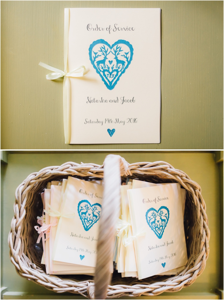 1 Pastel Wedding Photography in Cornwall, The Vean - orders of service with deer design