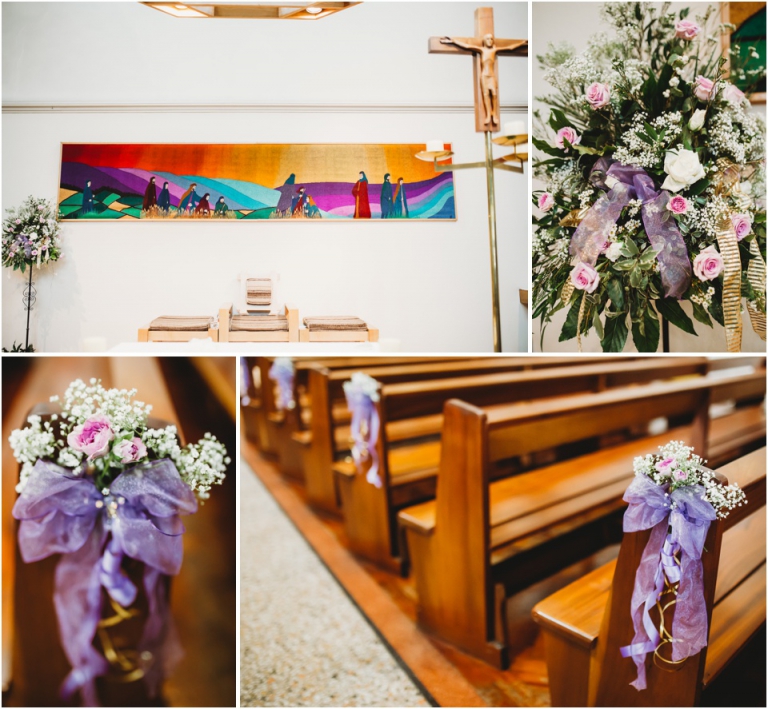 1 Dainton Park Golf Club, Newton Abbot Wedding Photography - St Josephs Church decorated with purple flowers and ribbon