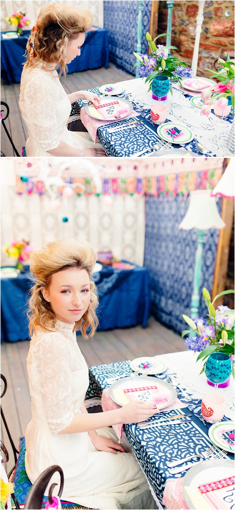 15 Bright Bohemian Colourful Inspiration Devon Wedding Photography - bride in vintage lace dress at colourful table