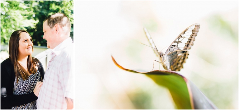 2 Buckfast Butterflies & Otter Sanctuary Pre Wedding Photography in Devon - couple looking at eachother, close up butterflies