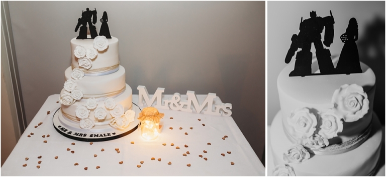 12 Wedding Reception Photography at The Flavel, Dartmouth - wedding cake, transformers cake topper