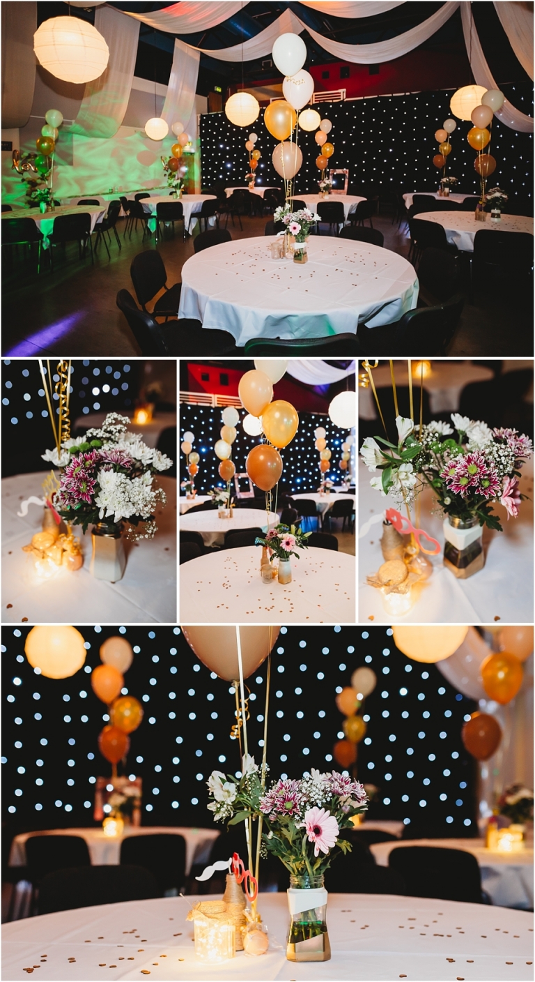 16 Wedding Reception Photography at The Flavel, Dartmouth - homemade decorated jars with flowers and balloons table decorations