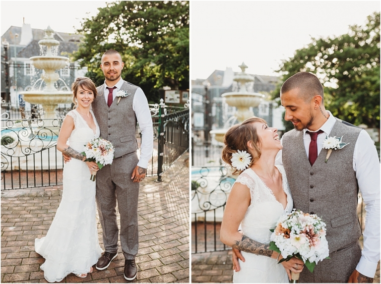 19 Wedding Reception Photography at The Flavel, Dartmouth - couple portraits by fountain
