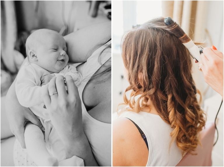 2 Summer Wedding Photography at Lavender House, Devon - bride holding baby while having hair done