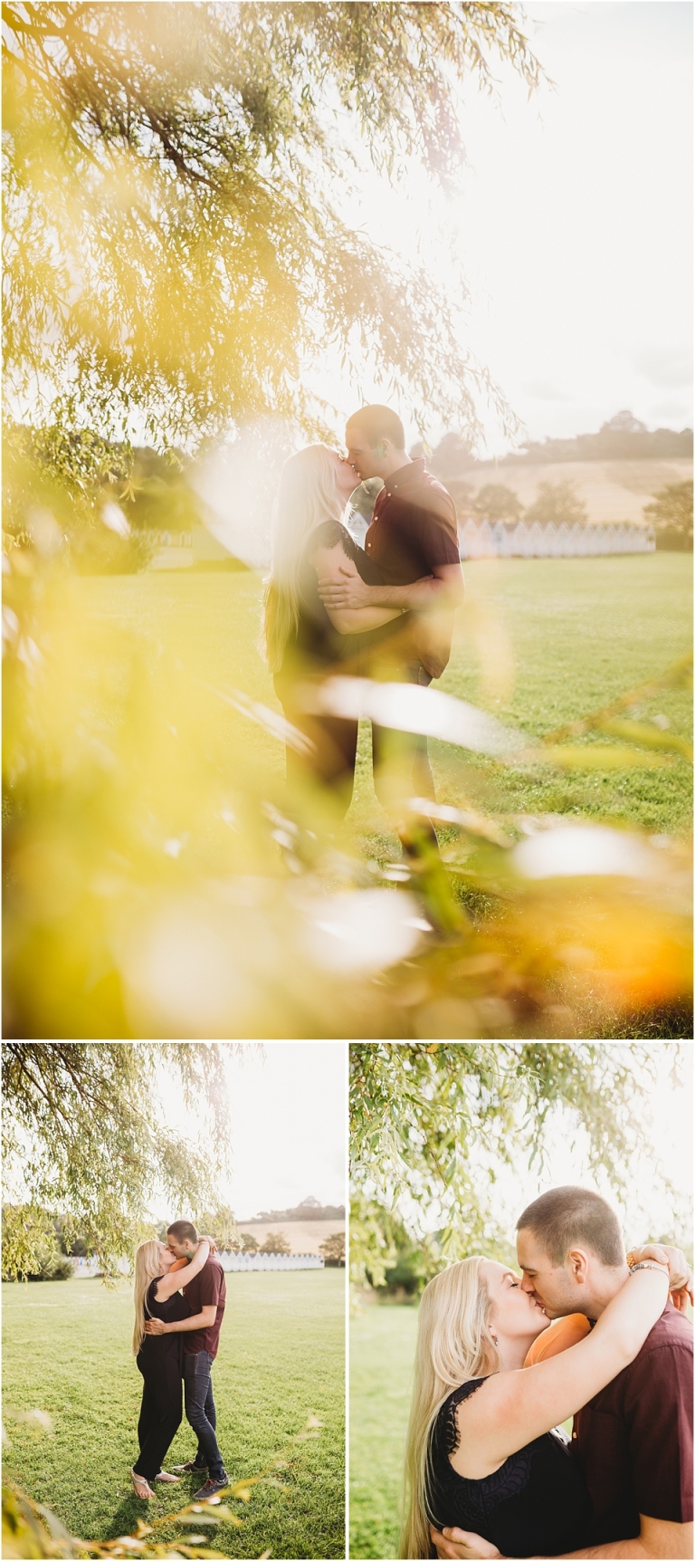 Broadsands Beach & Elberry Cove, Paignton Couple Photoshoot 2 - couple kissing in sunset under tree