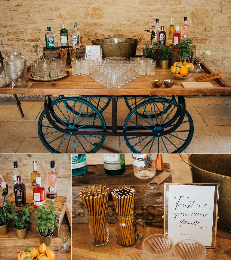 Kingscote Barn Wedding Photography 1 gin cart